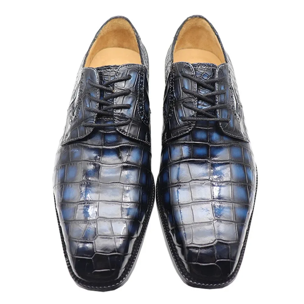 7 CM / 2.76 Inches CMR CHAMARIPA  Men’s Height Increasing Blue Alligator Leather Derby Shoes – Handcrafted Luxury
