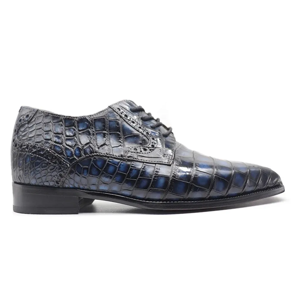 7 CM / 2.76 Inches CMR CHAMARIPA  Men’s Height Increasing Blue Alligator Leather Derby Shoes – Handcrafted Luxury