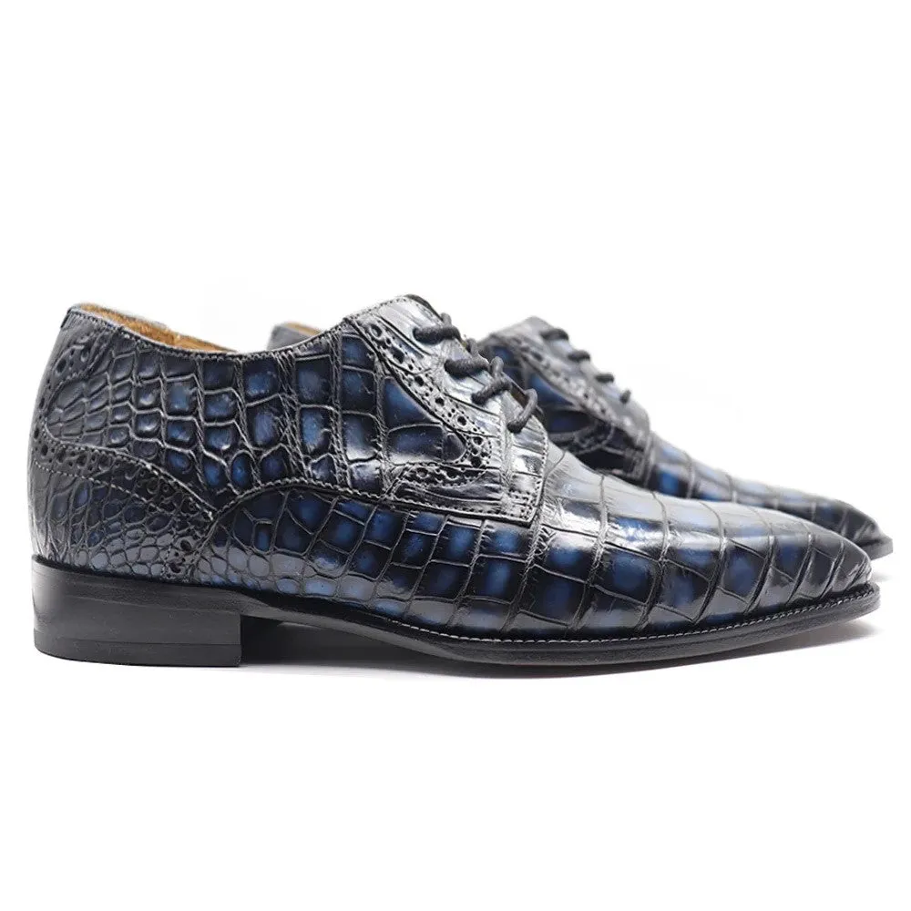 7 CM / 2.76 Inches CMR CHAMARIPA  Men’s Height Increasing Blue Alligator Leather Derby Shoes – Handcrafted Luxury