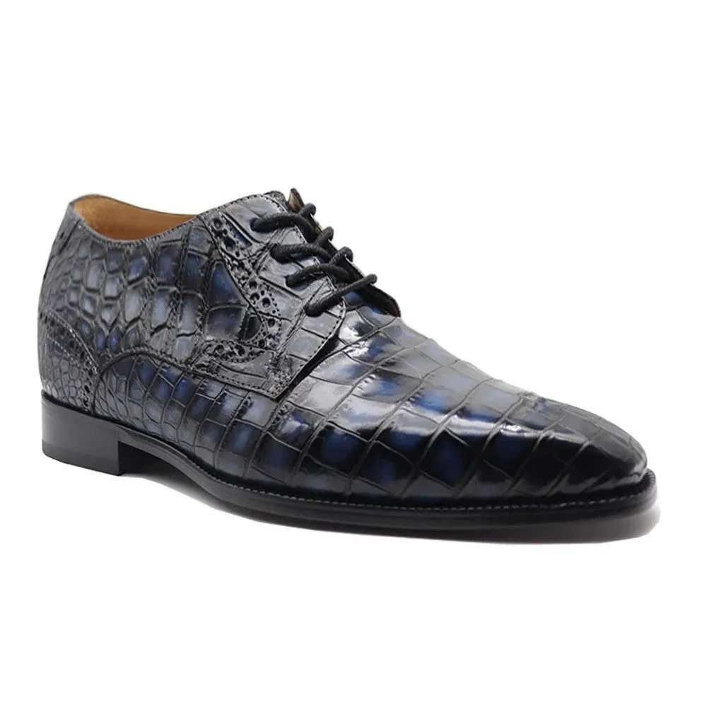 7 CM / 2.76 Inches CMR CHAMARIPA  Men’s Height Increasing Blue Alligator Leather Derby Shoes – Handcrafted Luxury