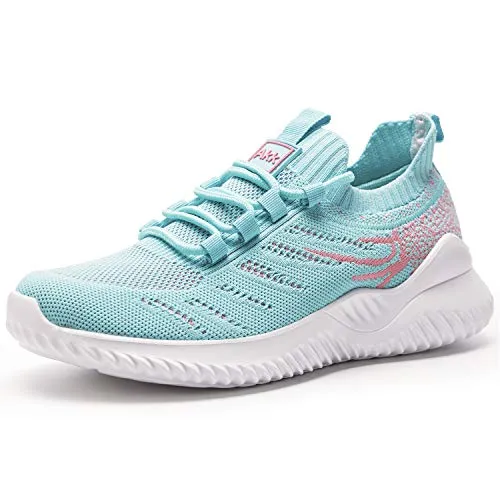 Akk Womens Athletic Walking Shoes - Memory Foam Lightweight Tennis Sports Shoes Gym Jogging Slip On Running Sneakers Blue-Pink Size 9.5
