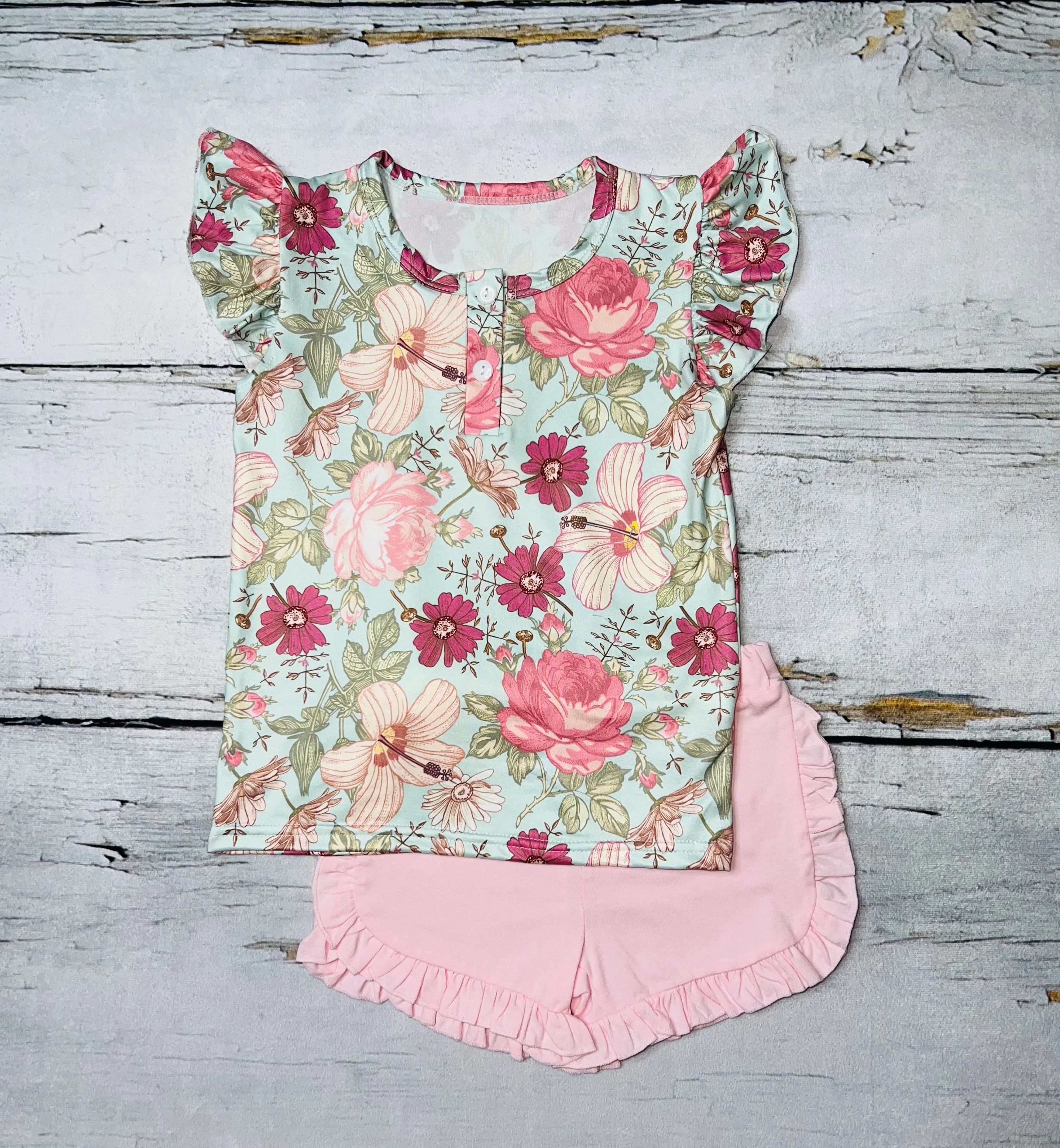 Baby pink floral short sleeve 2pc short & top set DLH1215-15