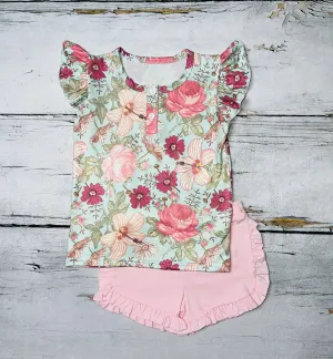 Baby pink floral short sleeve 2pc short & top set DLH1215-15