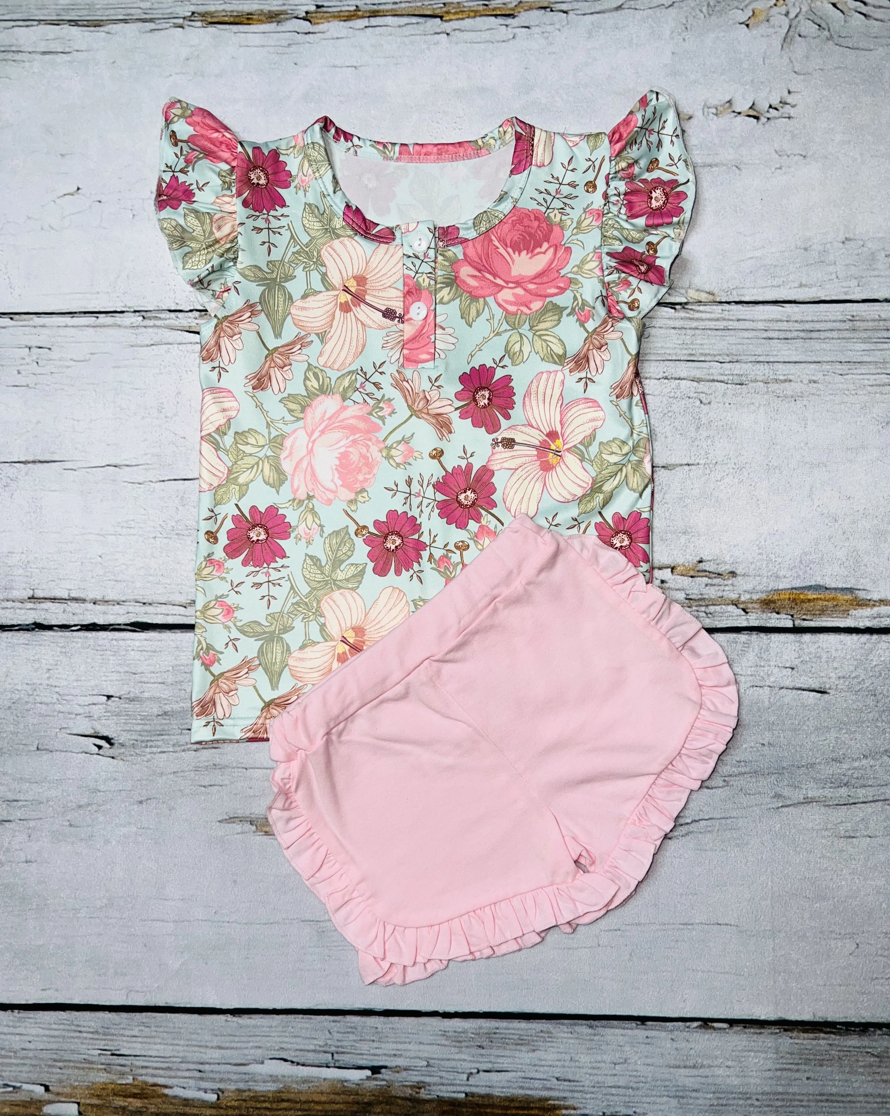 Baby pink floral short sleeve 2pc short & top set DLH1215-15