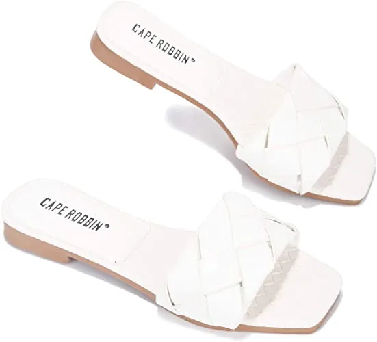 Cape Robbin Deja Woven Mules Slip On Flat Slides Sandals WHITE