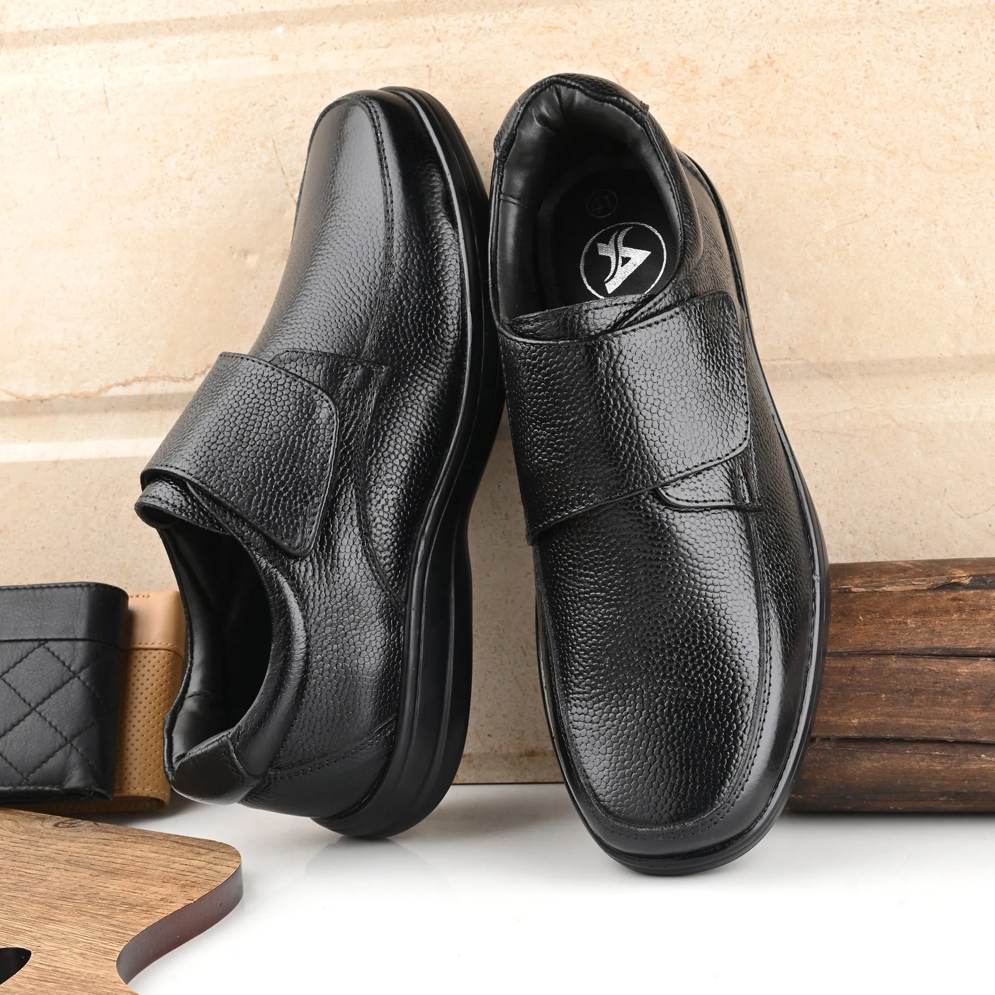Chic Full Grain Leather Velcro Slip Ons