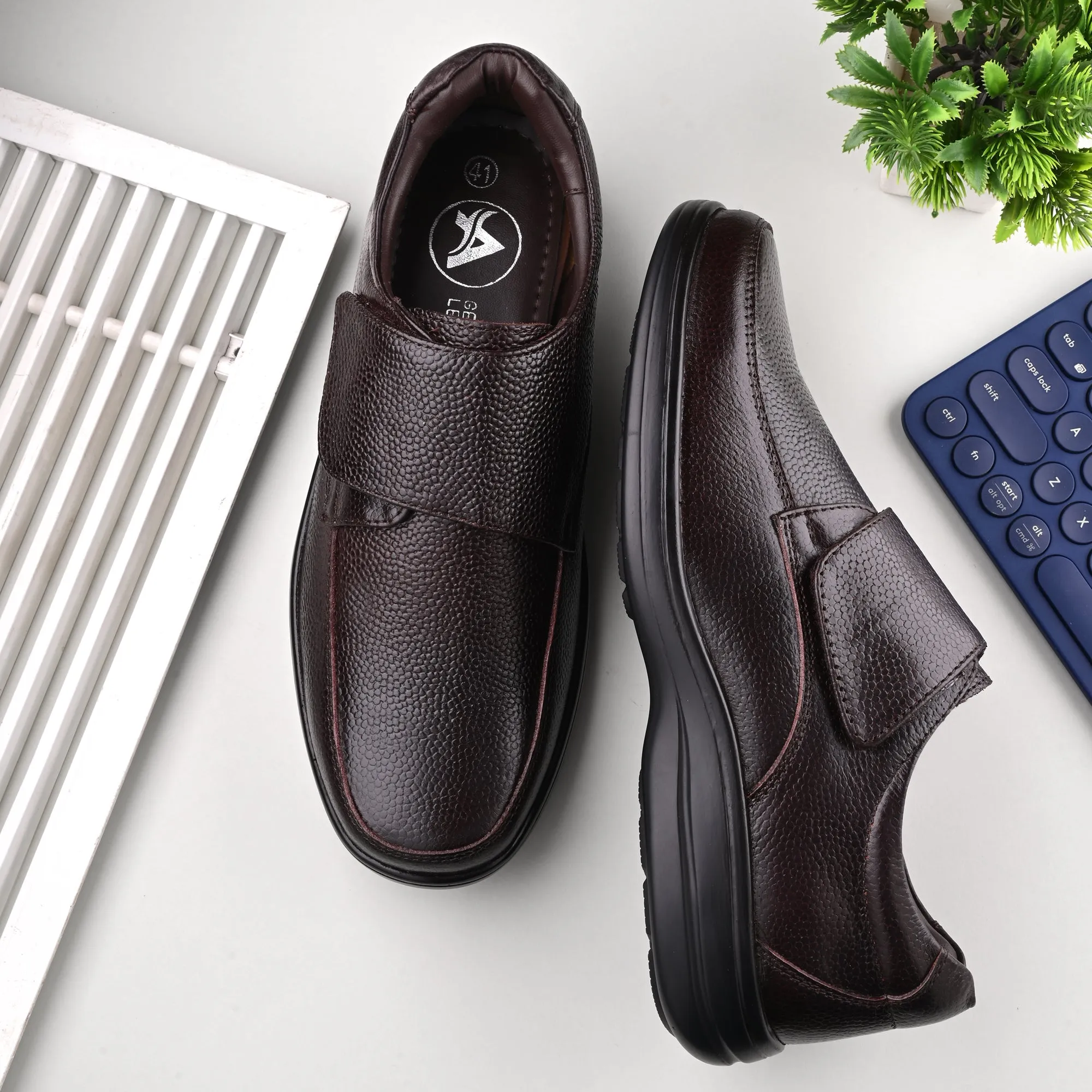 Chic Full Grain Leather Velcro Slip Ons