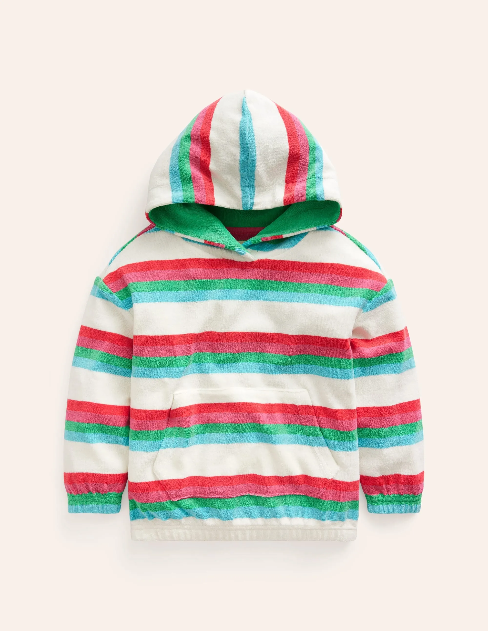Towelling Hoodie-Hot Coral & Pink Stripe
