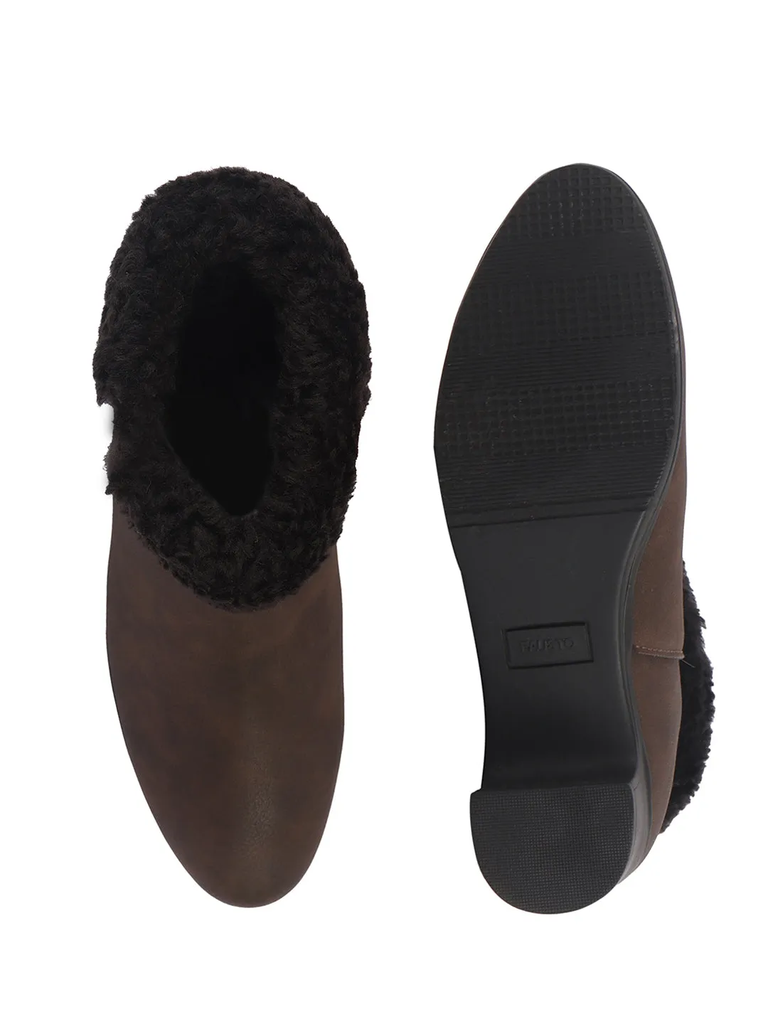 Women Brown High Ankle Flared Heel Side Zipper Winter Classic Fur Boots|Outdoor Boots|Work Boot