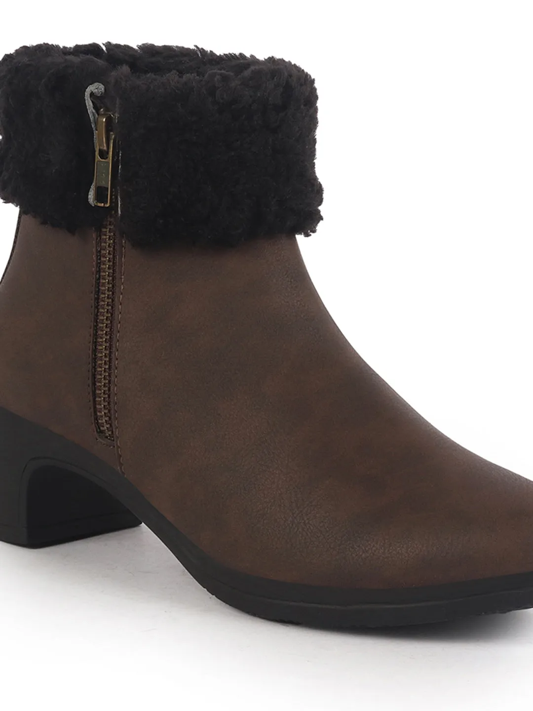 Women Brown High Ankle Flared Heel Side Zipper Winter Classic Fur Boots|Outdoor Boots|Work Boot