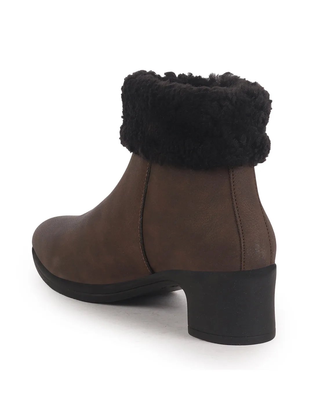 Women Brown High Ankle Flared Heel Side Zipper Winter Classic Fur Boots|Outdoor Boots|Work Boot