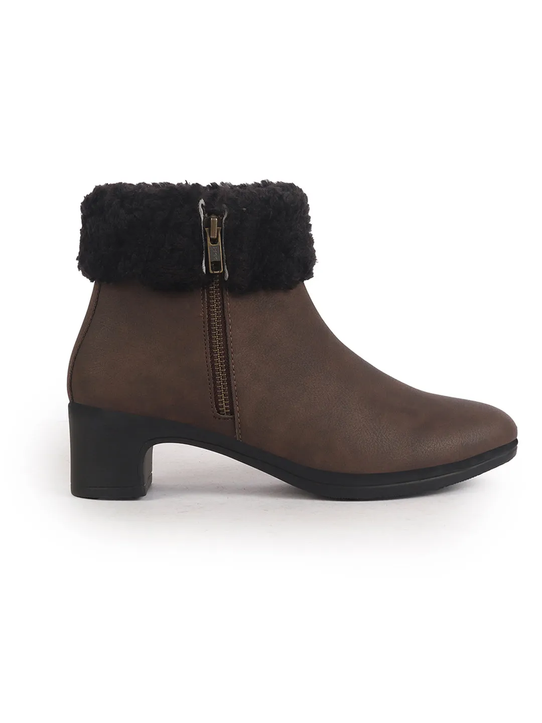 Women Brown High Ankle Flared Heel Side Zipper Winter Classic Fur Boots|Outdoor Boots|Work Boot