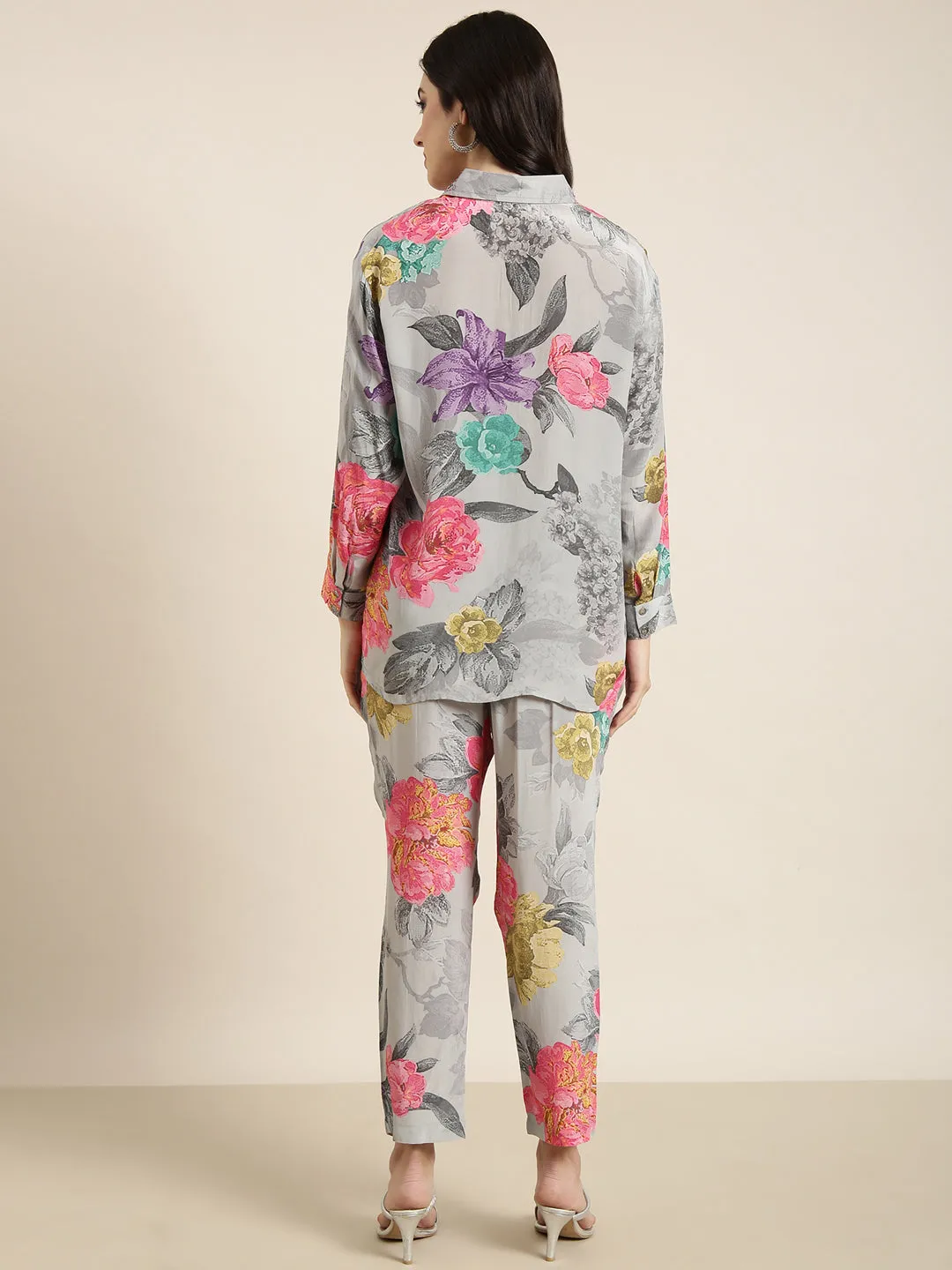 Women Oversized Grey Printed Shirt & Trousers Set