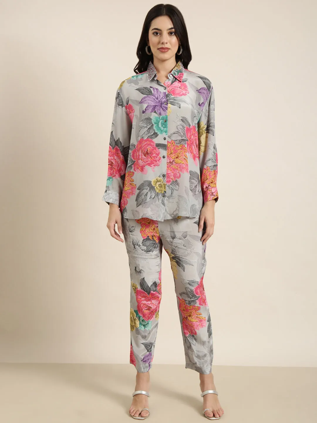Women Oversized Grey Printed Shirt & Trousers Set