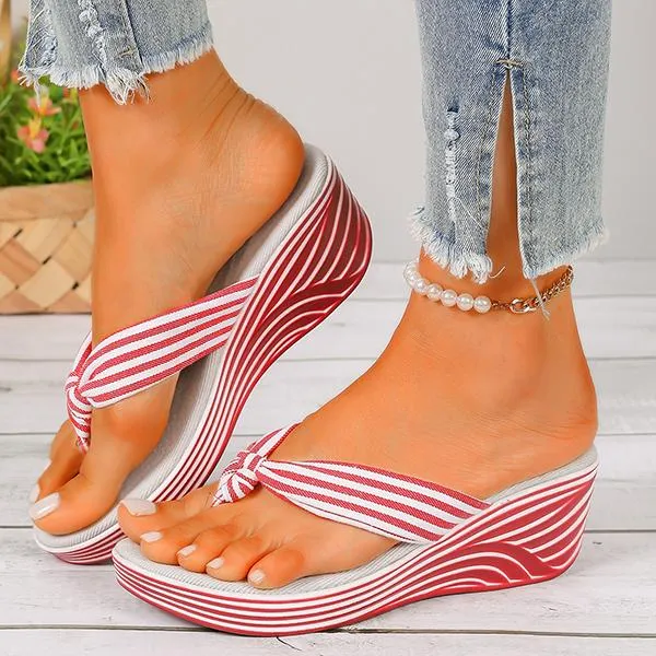 Women's Striped Casual Wedge Beach Flip Flops 77330486S